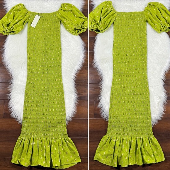 Never Fully Dressed Dresses & Skirts - Never Fully Dressed Women's Size Small Green Gold Smocked Jojo Midi Dress